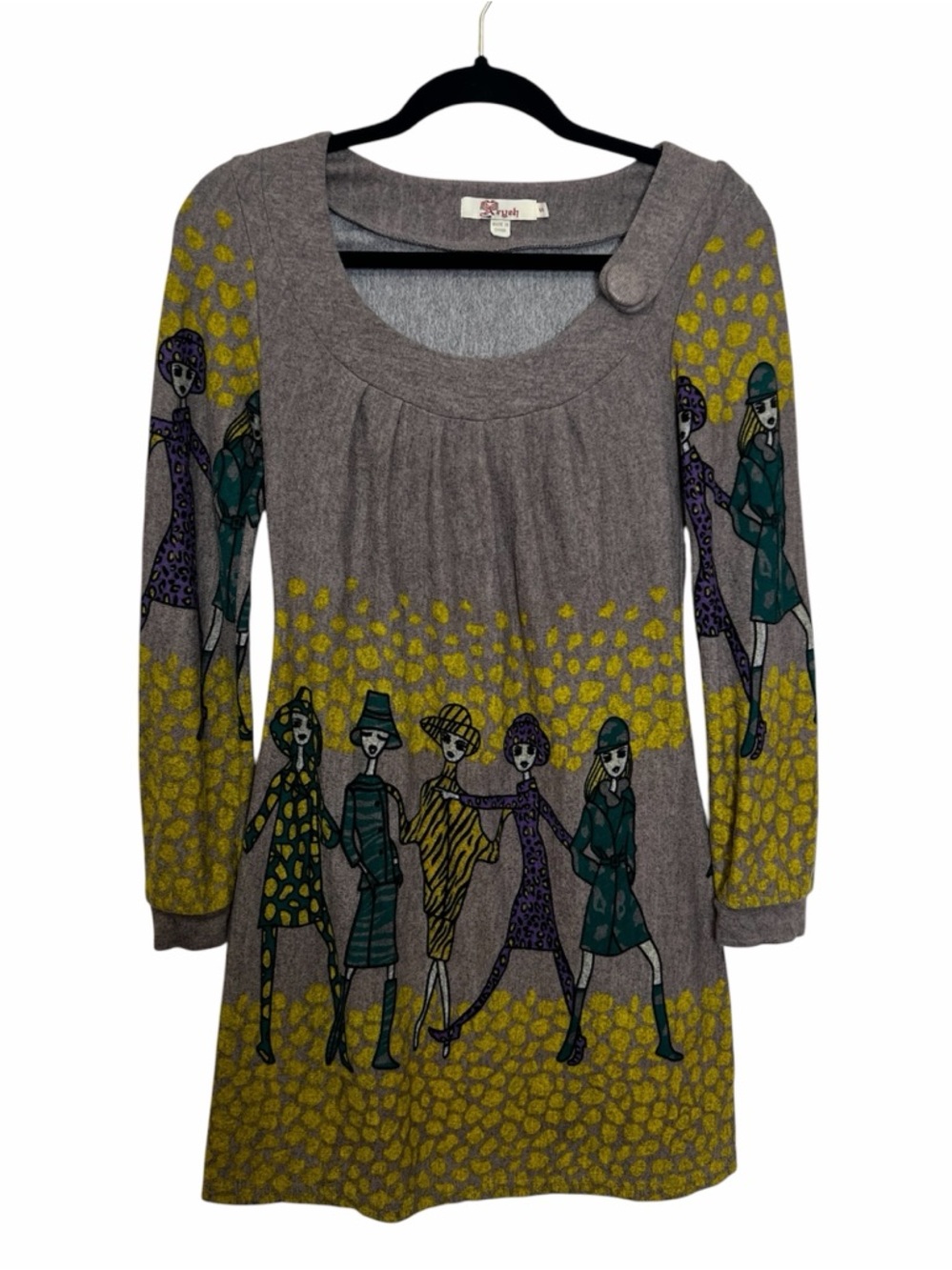 Aryeh Graphic Print Sweater Dress Gray Yellow Sz S Arsty Teacher Funky Eclectic